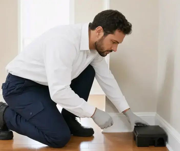Oakley Pest Control technician applying cricket treatment along a baseboard in a Manteca, CA home